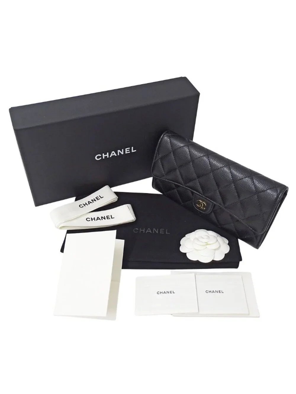 Chanel Wallet Quilted Caviar Leather Black Gold